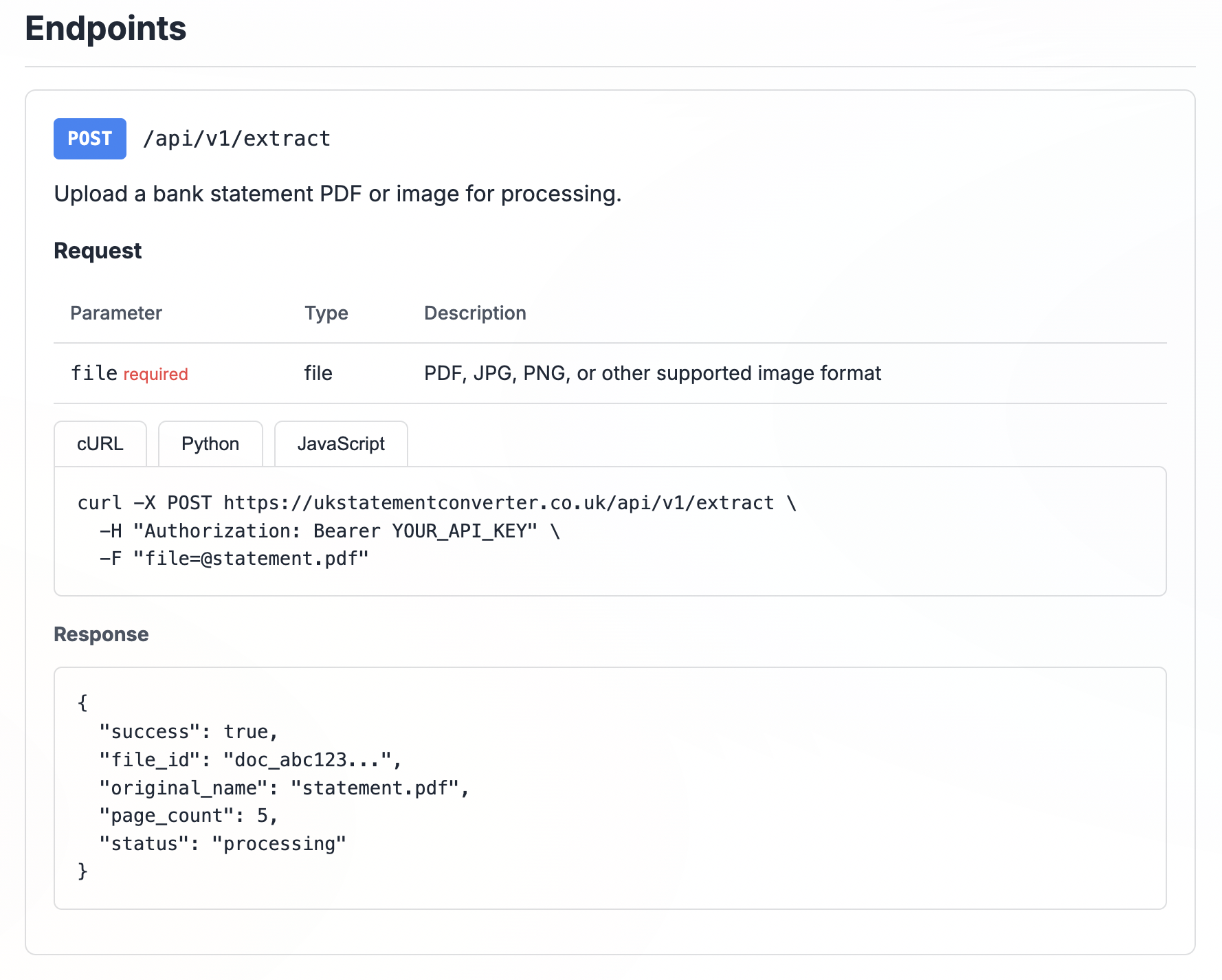 API extract endpoint response showing structured transaction data