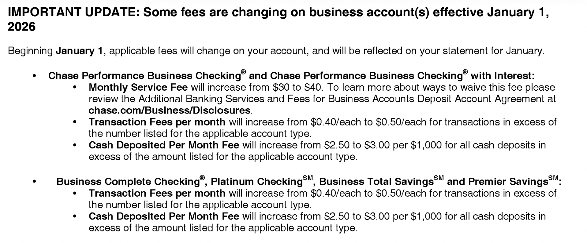 Chase page one showing dense fee change notices