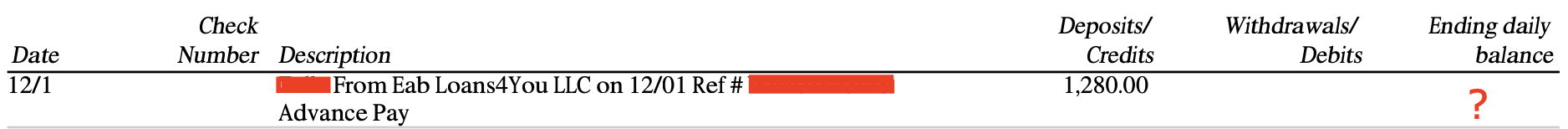 Wells Fargo transaction with missing ending daily balance